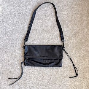 Premium Italian leather black fold over convertible clutch crossbody